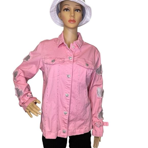 Quacker Factory Denim Button Down Jacket  Distressed Rhinestone Hearts Pink S - Picture 1 of 15